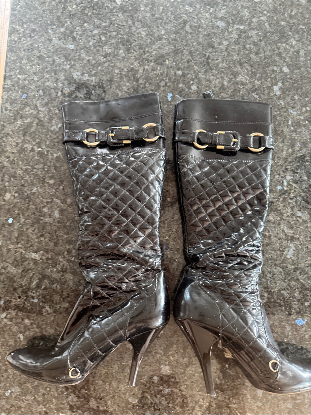 Burberry Black Quilted Patent Knee-High Stiletto Boots with Gold Hardware